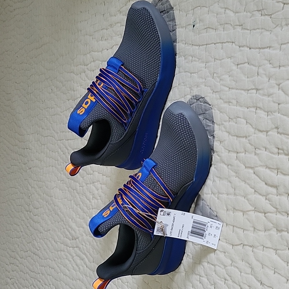 NWT Adidas Lite Racer Adapt 7.0 Gray Orange Blue Elastic Front Big Kid Size 6